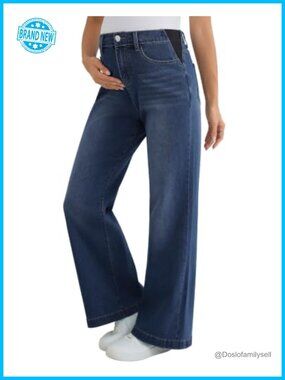 Maternity Wide Leg Flare Jeans Stretch Denim Pregnancy Pants with Pockets